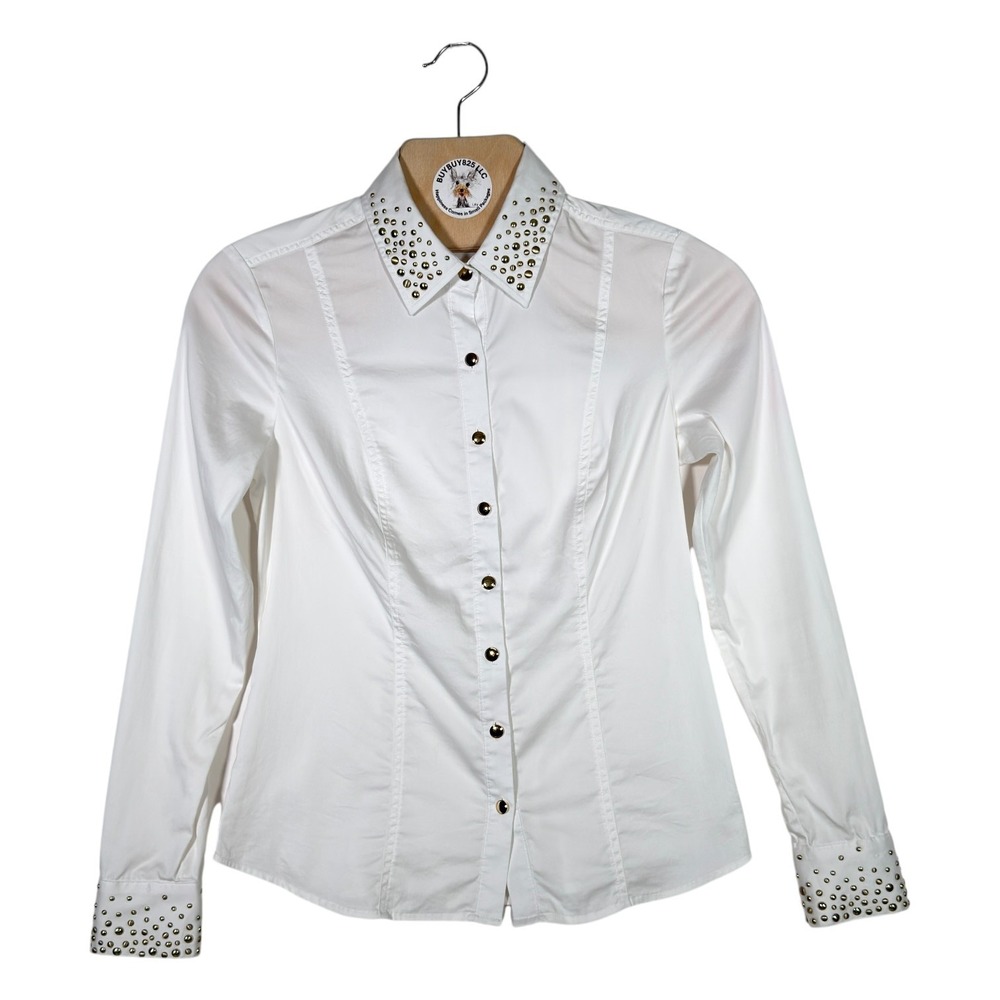 Cache White Studded Collar Button Down Blouse‎ Small Gold Buttons